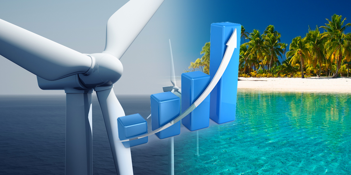 Image composite of wind turbines a graph and  beach